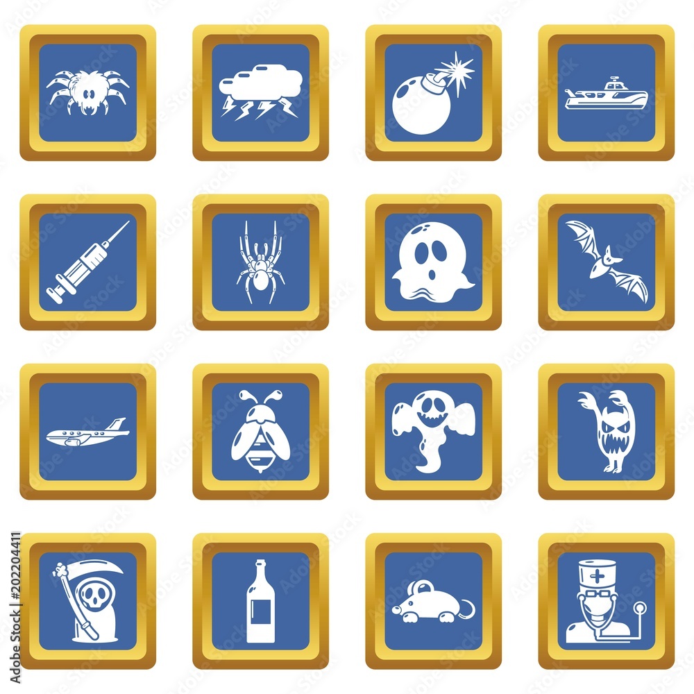 Fears phobias icons set vector blue square isolated on white background 
