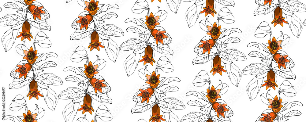Obraz premium Pomegranate branch seamless pattern. Floral disign vector illustration in hand drawn style. Textile prints, wrapping paper, scrapbook.