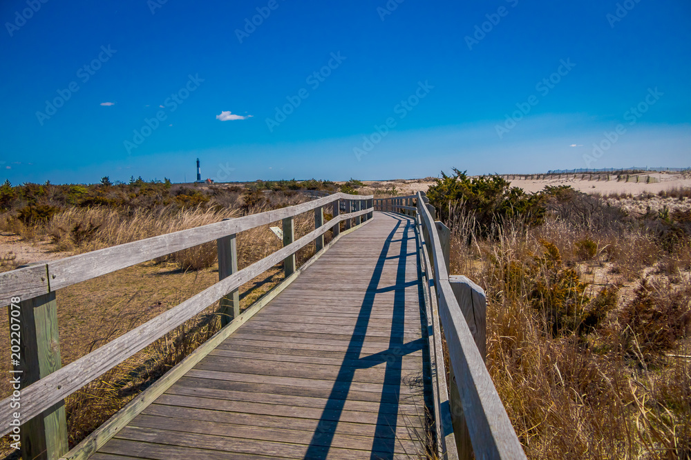Outdoor view of long wooden bridge at Long island Outdoor view of long wooden bridge at Long island