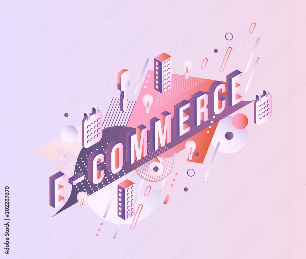 E-commerce isometric word design - letters with gradient on pastel background with violet and red fluid color abstract geometric shapes and different tools. Vector illustration. E-commerce isometric word design - letters with gradient on pastel background with violet and red fluid color abstract geometric shapes and different tools. Vector illustration.