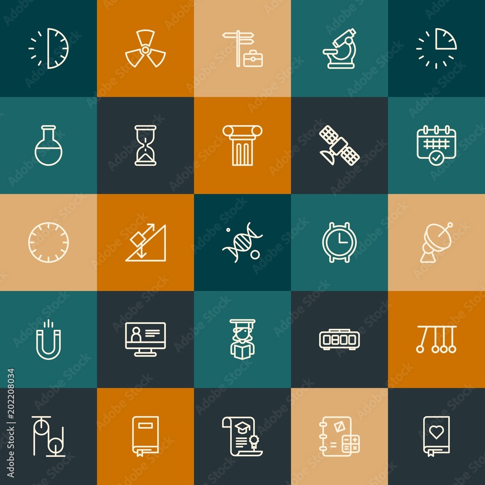 Modern Simple Set of science, time, education Vector outline Icons. Contains such Icons as  sign,  physics, career,  microscope and more on vintage colors background. Fully Editable. Pixel Perfect.