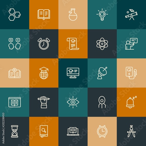 Modern Simple Set of science, time, education Vector outline Icons. Contains such Icons as science, online, study, idea, alarm and more on vintage colors background. Fully Editable. Pixel Perfect.