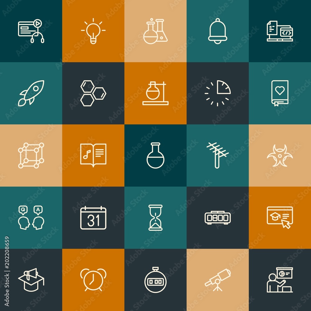 Modern Simple Set of science, time, education Vector outline Icons. Contains such Icons as  research, music,  study,  discovery and more on vintage colors background. Fully Editable. Pixel Perfect.