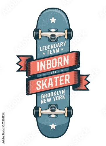 Authentic skateboarding logo in old school style. Classic Skateboard with heraldic ribbon and inscriptions. Worn textures on separate layer.