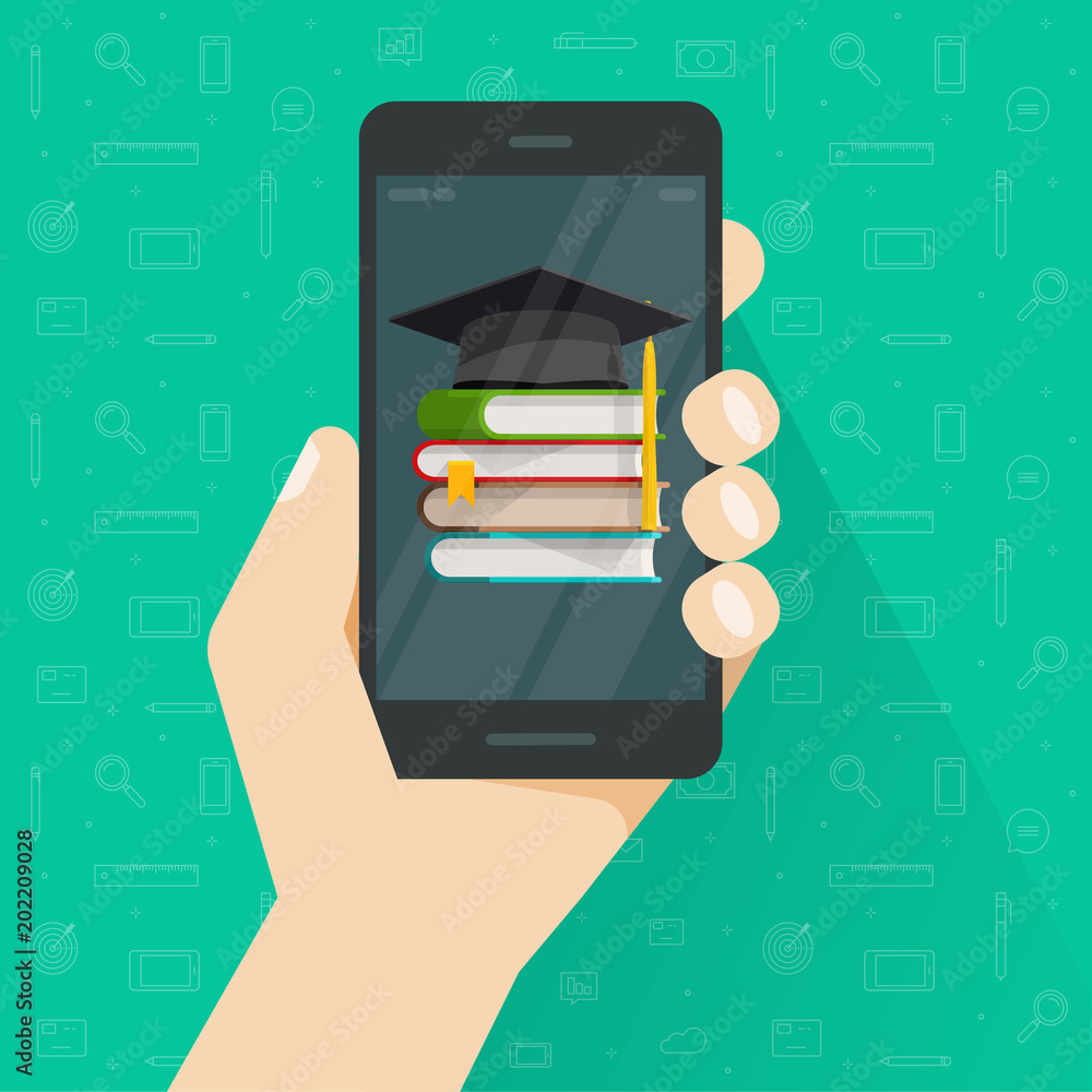 Education via mobile phone vector illustration, flat cartoon person  smartphone with books hat, idea or online study, digital library,  electronic learning app, e-learning via cellphone, teaching Stock Vector |  Adobe Stock