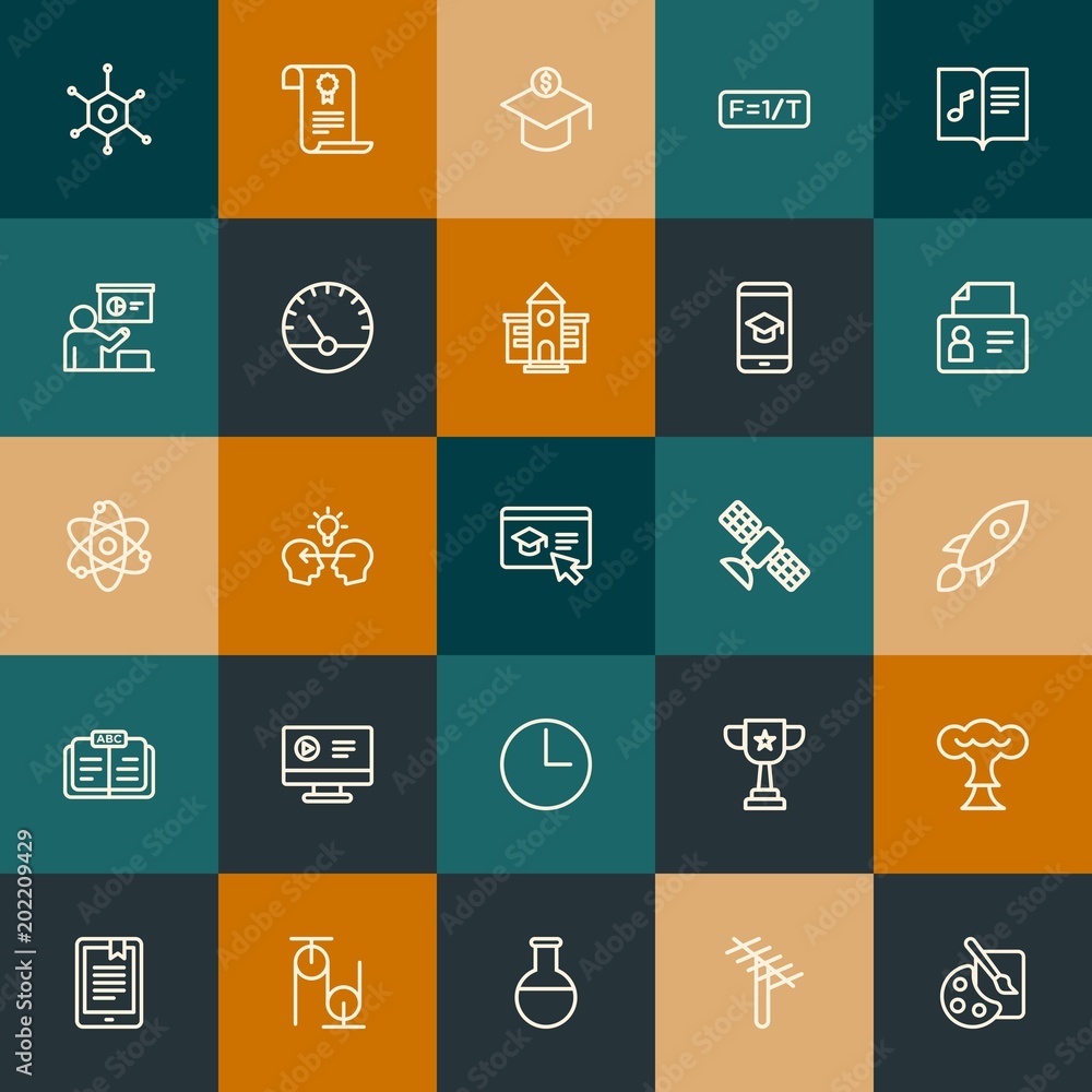 Modern Simple Set of science, time, education Vector outline Icons. Contains such Icons as technology, paint, reaction, formula and more on vintage colors background. Fully Editable. Pixel Perfect. Modern Simple Set of science, time, education Vector outline Icons. Contains such Icons as technology, paint, reaction, formula and more on vintage colors background. Fully Editable. Pixel Perfect.