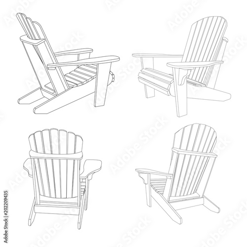 Garden outdoor wooden chair in several positions. Traditional garden furniture. Vecror illustration isolated on white background.