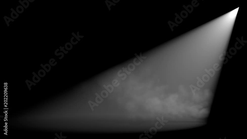 Single white spotlight beam shining diagonally from the corner through smoky darkness illuminating an empty stage with copy space photo