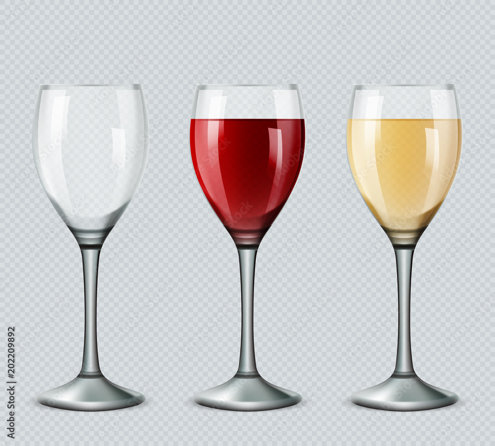 Set transparent vector wine glasses empty, with white and red wine on transparent background. 3d realistic vector image Set transparent vector wine glasses empty, with white and red wine on transparent background. 3d realistic vector image