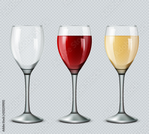 Set transparent vector wine glasses empty, with white and red wine on transparent background. 3d realistic vector image