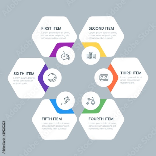 Flat geometric health, kids_and_toys infographic steps template with 6 options for presentations, advertising, annual reports.