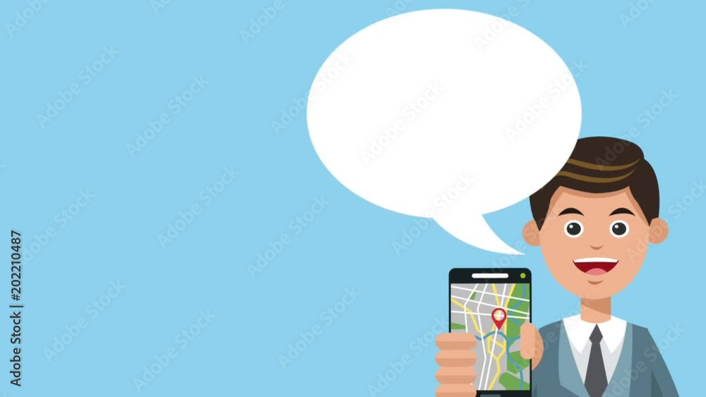 Businessman using GPS app from smartphone over blue background High Definition animation colorful scenes Businessman using GPS app from smartphone over blue background High Definition animation colorful scenes