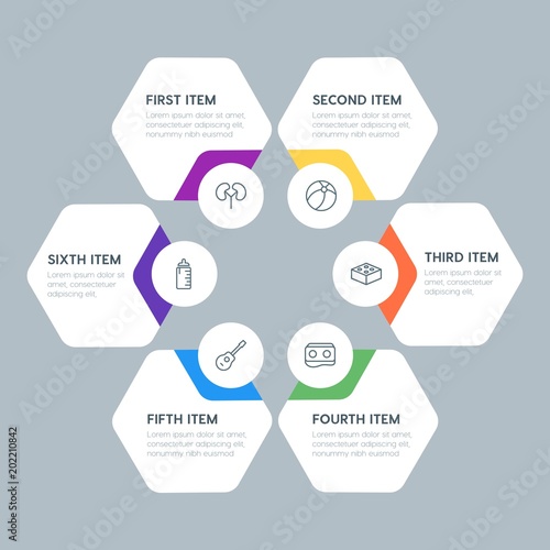Flat geometric health, kids_and_toys infographic steps template with 6 options for presentations, advertising, annual reports.