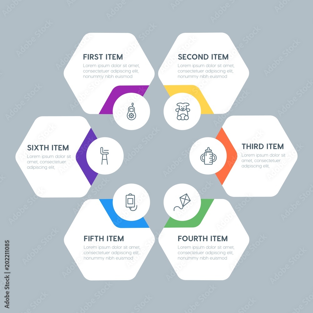 Flat geometric health, kids_and_toys infographic steps template with 6 options for presentations, advertising, annual reports. Flat geometric health, kids_and_toys infographic steps template with 6 options for presentations, advertising, annual reports.