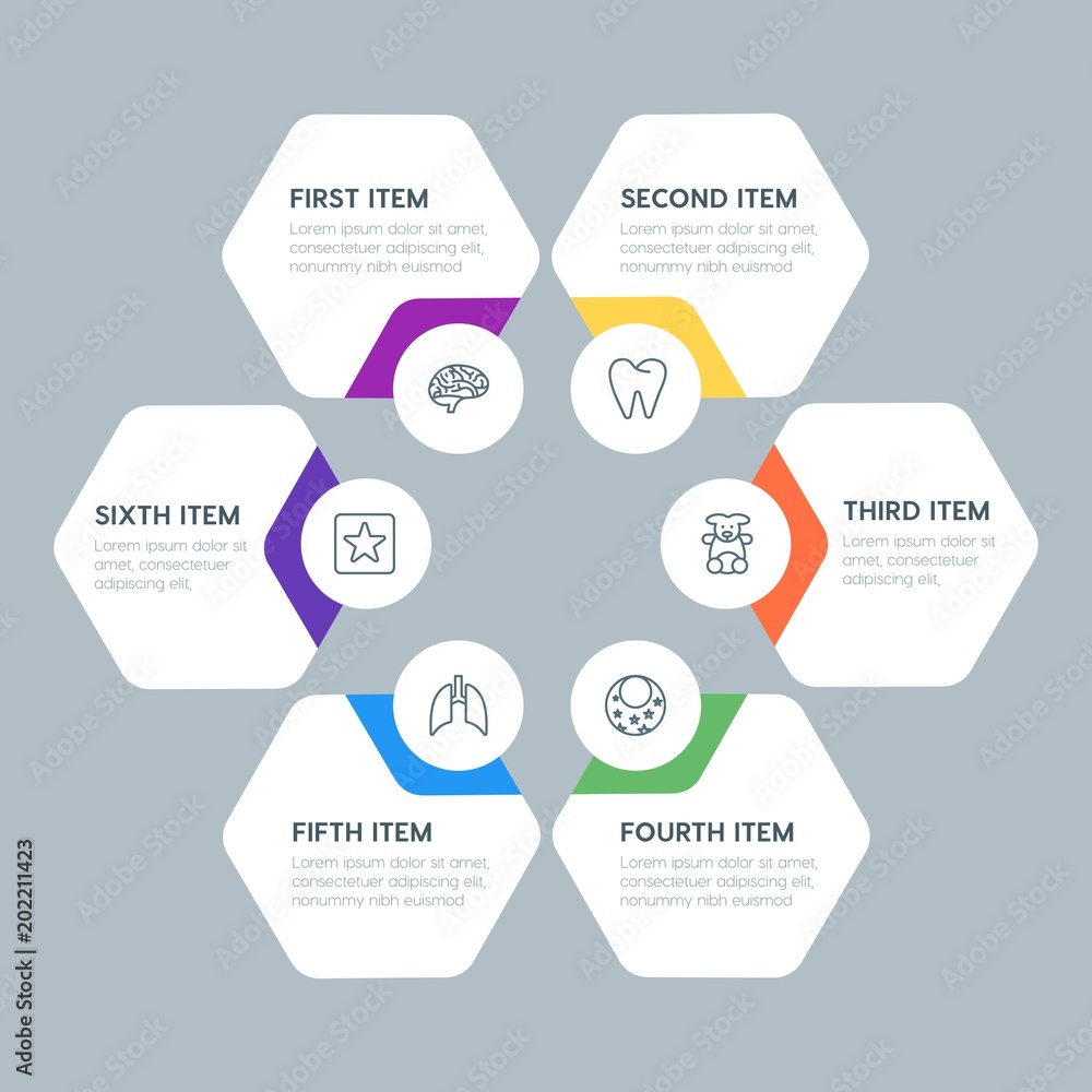 Flat geometric health, kids_and_toys infographic steps template with 6 options for presentations, advertising, annual reports. Flat geometric health, kids_and_toys infographic steps template with 6 options for presentations, advertising, annual reports.