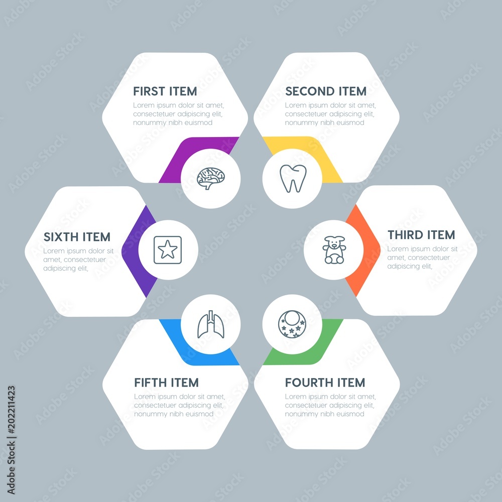 Flat geometric health, kids_and_toys infographic steps template with 6 options for presentations, advertising, annual reports.