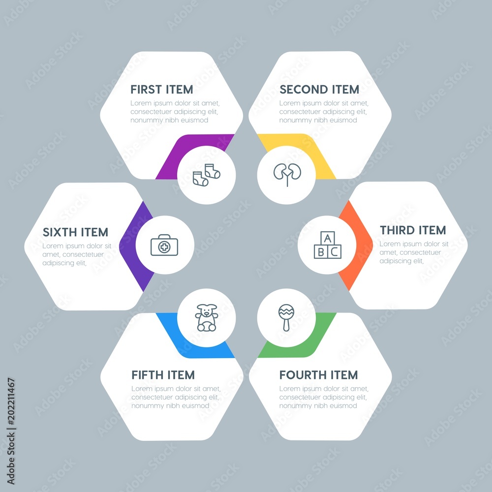 Flat geometric health, kids_and_toys infographic steps template with 6 options for presentations, advertising, annual reports.