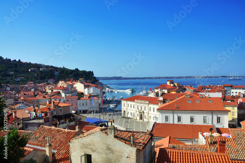 Piran town square and roofs view