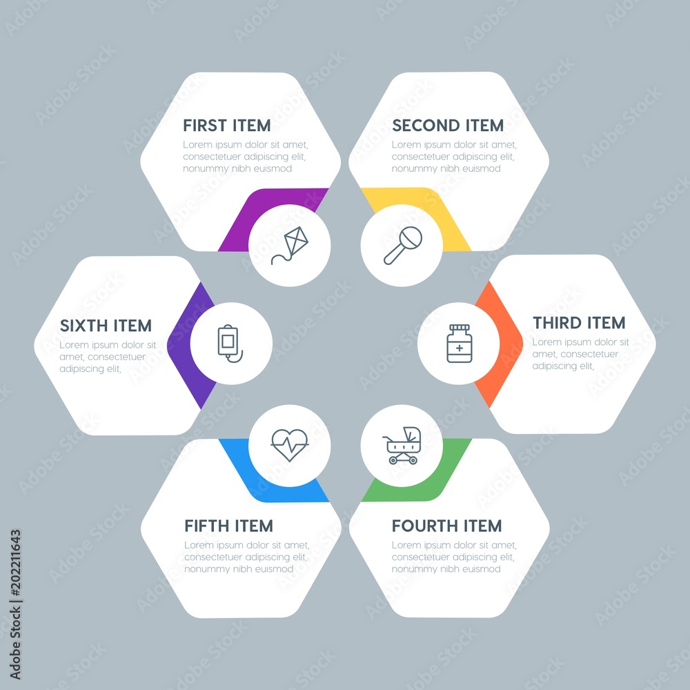 Fototapeta premium Flat geometric health, kids_and_toys infographic steps template with 6 options for presentations, advertising, annual reports.