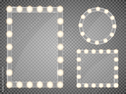 Mirror in frame with light makeup lights for changing room or backroom, on transparent background vector illustration