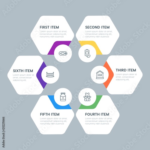 Flat geometric health, kids_and_toys infographic steps template with 6 options for presentations, advertising, annual reports.