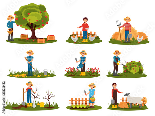 Flat vector set of farmer characters working outdoor. People engaged in gardening. Man picking apples. Woman feeding farm animals