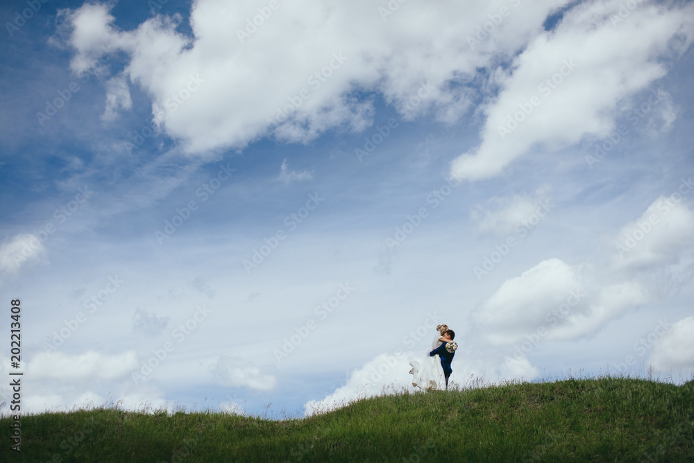 the bride and groom against the sky. expanse.