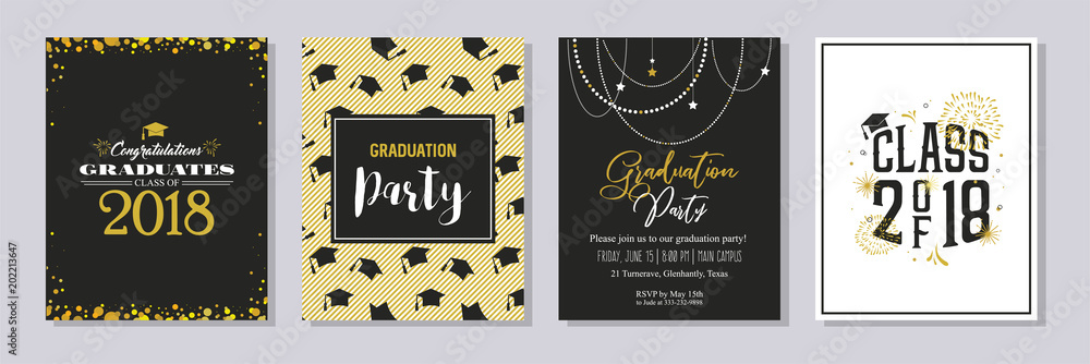 Graduation Class of 2018 greeting card and invitation template set. Vector party invitation. Grad poster. - obrazy, fototapety, plakaty 