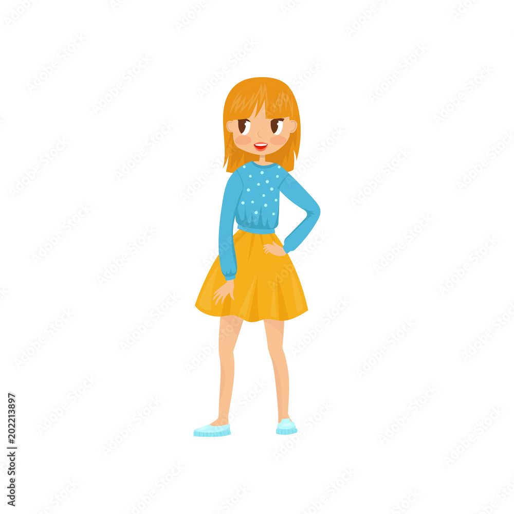 Beautiful red-haired girl with smiling face expression. Young woman in fashion casual outfit skirt and sweater with dots. Flat vector design Beautiful red-haired girl with smiling face expression. Young woman in fashion casual outfit skirt and sweater with dots. Flat vector design