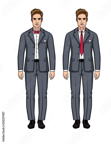 Vector set of two handsome European men in suits. A stylish guy in a gray suit with a white shirt and red tie