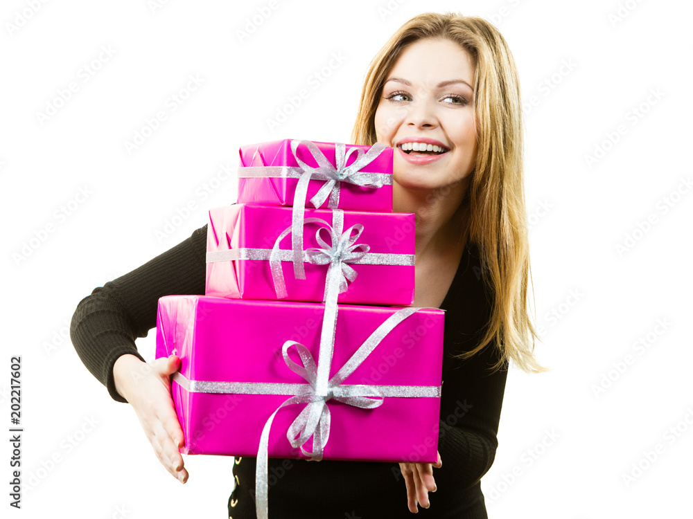 Happy surprised woman with many gifts Happy surprised woman with many gifts