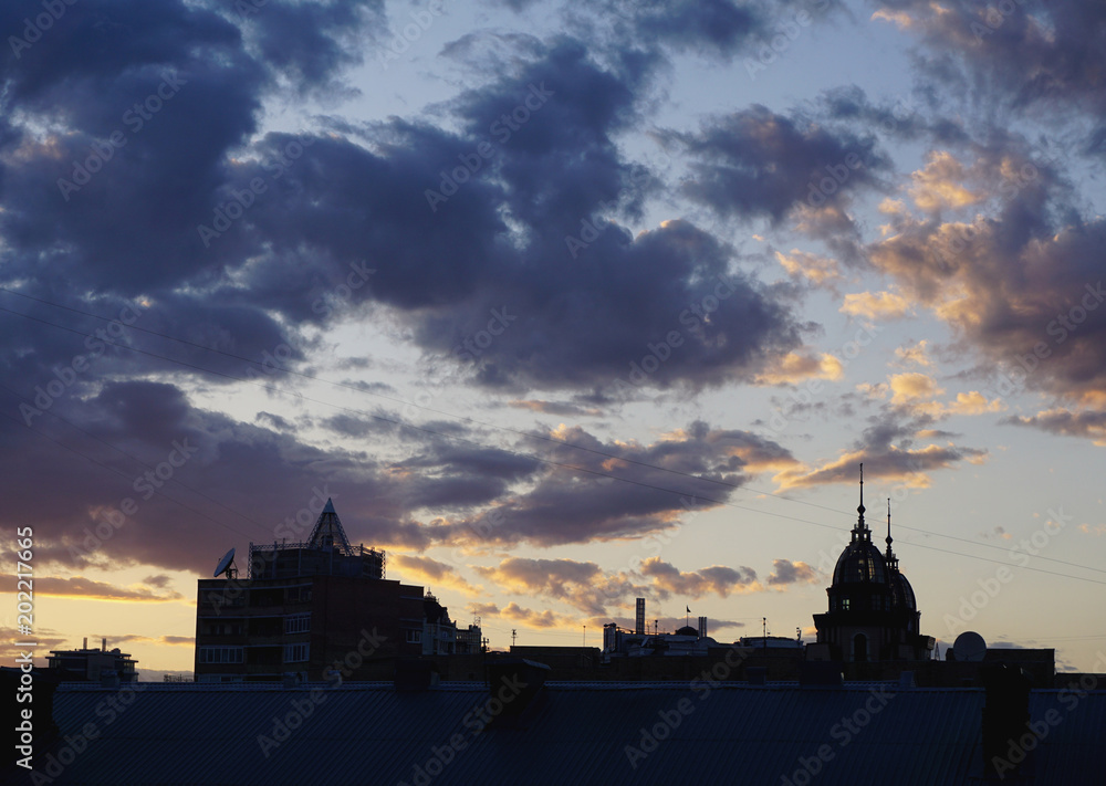 Silhouette buildings. Kiev, Kyiv, Ukraine. Blue hour, blue clouds on sunset time
