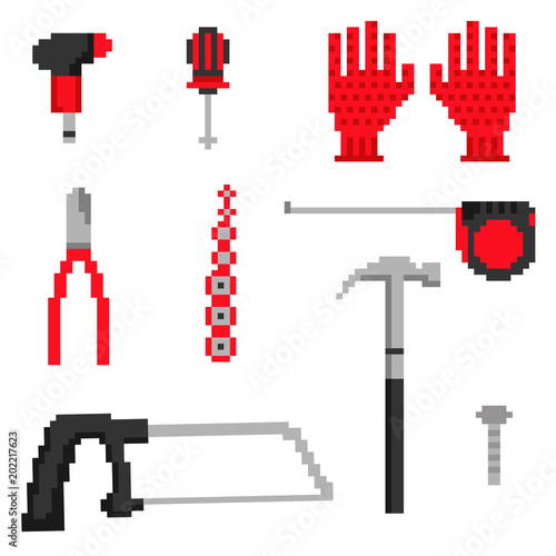 Part 2. Collection of carpenter tools icons in 8 bit retro style isolated on white background. Pixel color vector illustration. Repair service industry