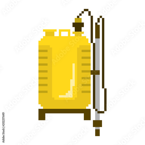 Garden sprayer in 8 bit game style. Pixel color vector illustration isolated on white background. Agricultural farm equipment photo