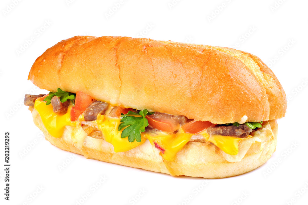 Sandwich with beef meat, cheese, tomato, pepper, parsley, on white background Sandwich with beef meat, cheese, tomato, pepper, parsley, on white background