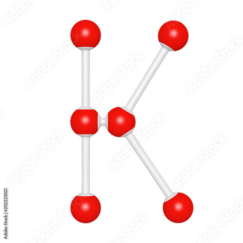 Molecule structure like capital letter K on white background, 3D rendered font image for education typography