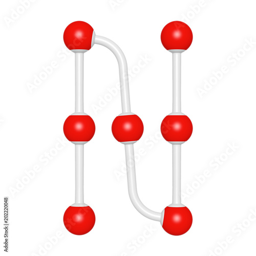 Molecule structure like capital letter N on white background, 3D rendered font image for education typography