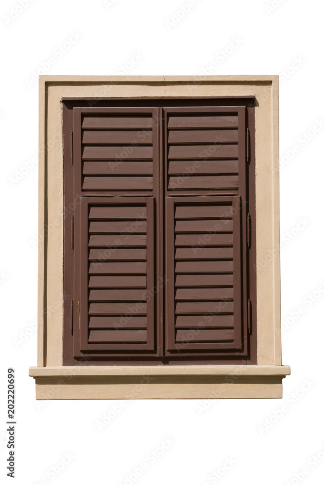 Old wooden window closed with brown shutters isolated on white background. Path saved. Old wooden window closed with brown shutters isolated on white background. Path saved.