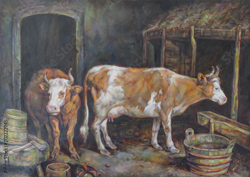 oil painting on canvas of a stable and its cows.