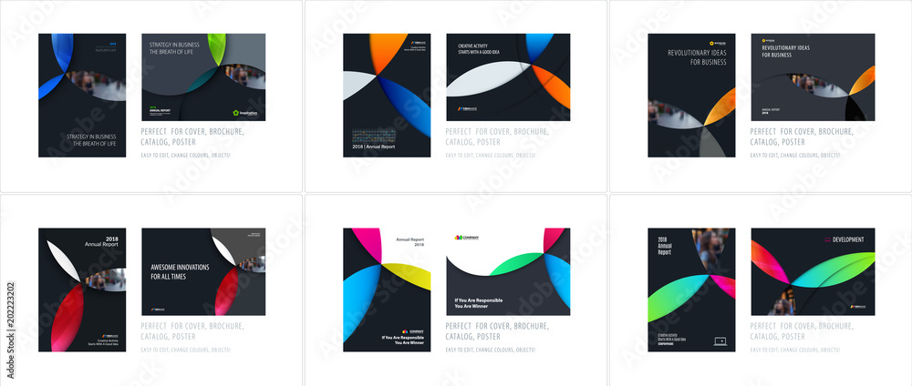 Material design template with colourful circles intersections. Creative abstract brochure set, annual report