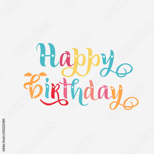 Happy birthday colorful text as badge, tag, icon, celebration card, invitation, postcard, banner. Vector illustration