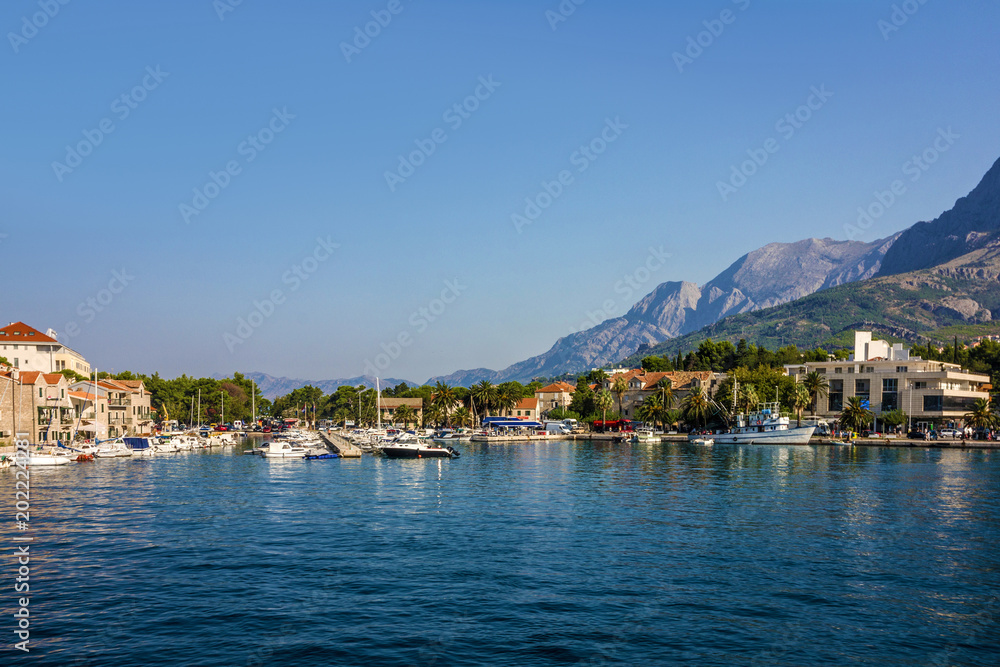 Croatia, Makarska Croatian resort sea side panoramic view.