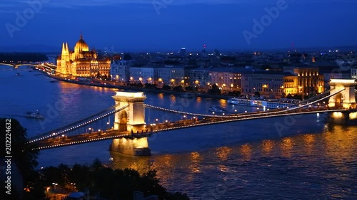 View of cityscape of Hungarian parliament building. Location Budapest, Danube river,  Hungary.
