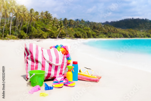 Beach bag with swimming accessories. Sea vacation.