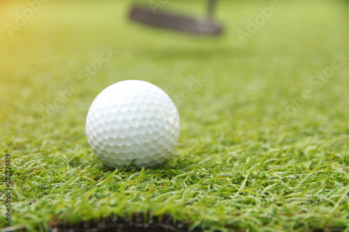 Golf ball putt on green grass targeted hole