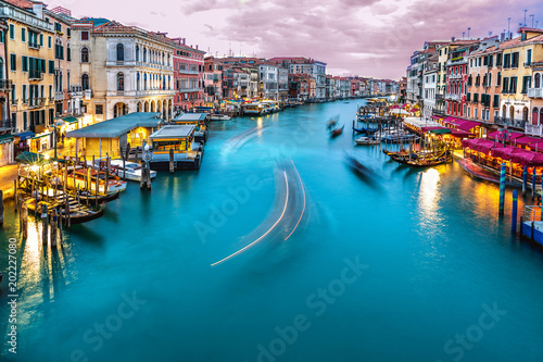  view of Gondola  Canal Grande   at sunset in Venice, Italy- Long Exposure Photo.