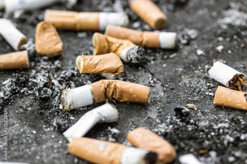 Cigarette butts. Smoking is harmful to health.