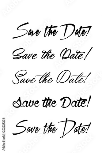 Save the date text calligraphy. Vector lettering for wedding. Hand lettering save the date card. Modern brush calligraphy for design. Wedding phrase postcard. Ink illustration.