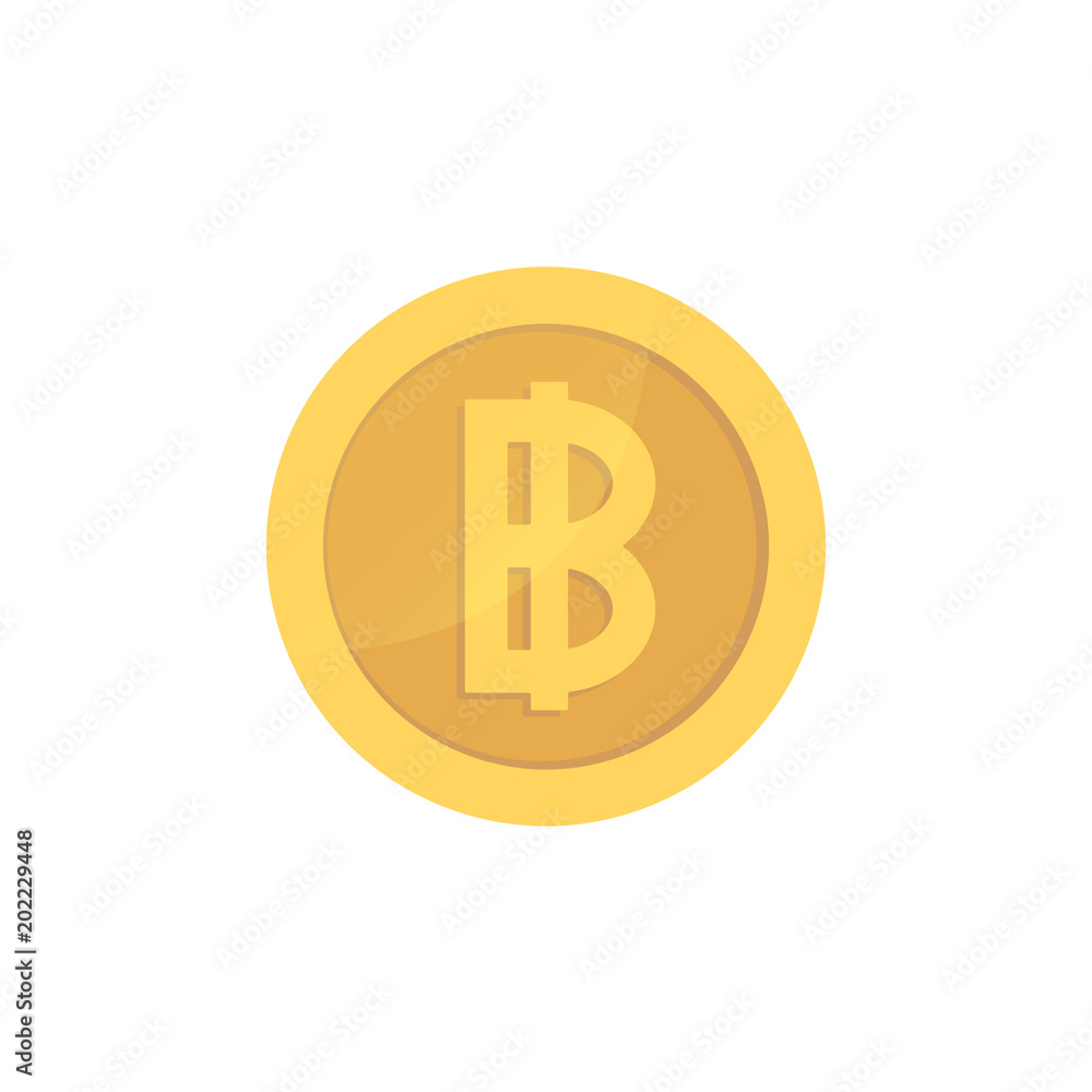 Golden glossy baht coin. Gold pictograph baht shiny coin. Golden glossy baht coin. Gold pictograph baht shiny coin.