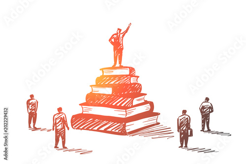 Hand drawn leader standing on books heap tribune